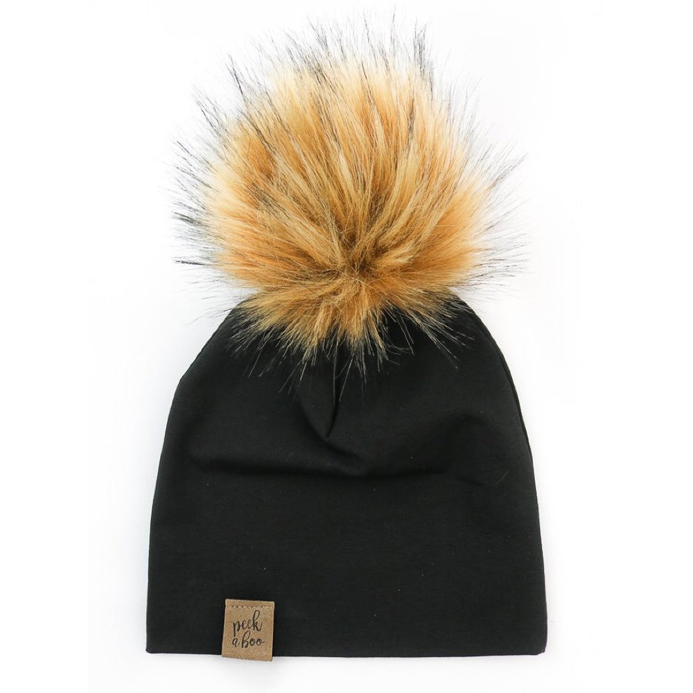 Peek-a-boo Homemade Black Slouchy Beanie with Removable Pompom